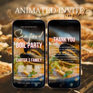 Könnte beinhalten: Animierte digitale Einladungsvorlage für eine Seafood-Boil-Party, die von der Familie Carter ausgerichtet wird. Die Einladung zeigt das Datum 16. Juli 2024 und bittet um eine RSVP bei Sarah unter 123 456 7890.