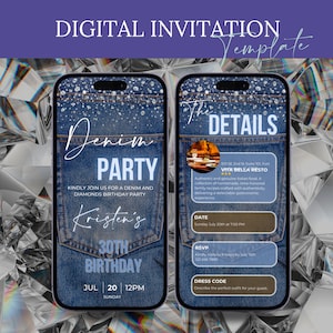 Digital Denim Birthday Party Video Invitation Template Denim diamonds Evite Denim Invite Editable Blue Jeans Dinner Evite, blue jeans