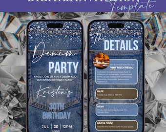 Digital Denim Birthday Party Video Invitation Template Denim diamonds Evite Denim Invite Editable Blue Jeans Dinner Evite, blue jeans
