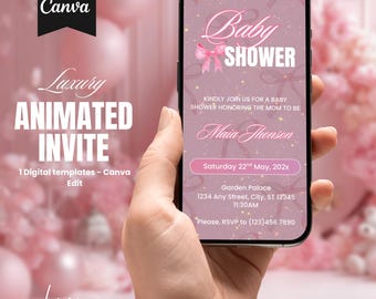 Digital Pink Bow Baby Shower Invitation Editable Canva Template in Pink Coquette Bow and Pearls BabyShower Digital Invite DIY Template