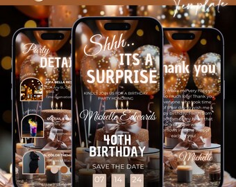 Surprise Party Birthday Invitation, Digital Shhh its a surprise itinerary, Editable Modern Bronze Template Anniversary Surprise Party Invite