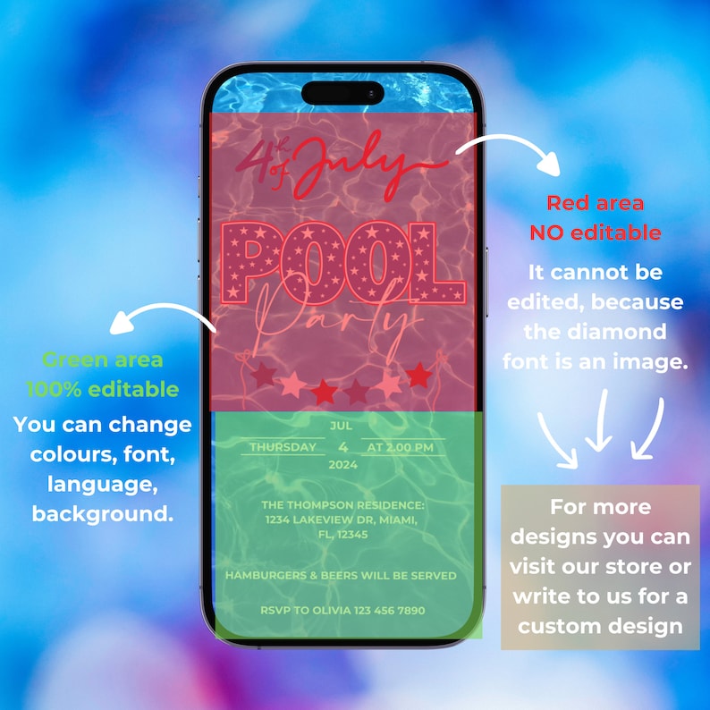 May include: A digital invitation for a 4th of July pool party. The invitation is designed to look like a smartphone screen with a red, white, and blue pool party theme. The text on the invitation reads "4th of July Pool Party" and includes details about the party, such as the date, time, and location. The invitation also includes an RSVP number.