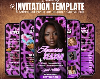 Digital Aquarius Birthday Itinerary Template Digital Travel Schedule Leopard Print Girls Trip Weekend Planner Cheetah Purple Party Invite