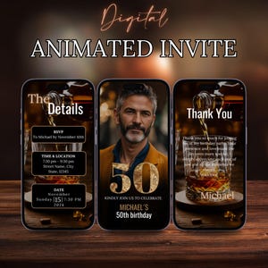 May include: A digital invitation for a 50th birthday party. The invitation features a photo of a man with a gold number 50, a glass of whiskey, and the text "KINDLY JOIN US TO CELEBRATE MICHAEL'S 50th birthday".