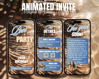 Digital Pool Party Invitation, Animated Birthday Swimming Party Invite, Girls BBQ Beach Party Evite For Women, Self Editable Template eCard