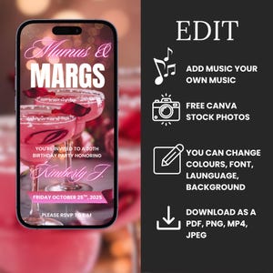 May include: A smartphone screen displays a pink invitation for a 30th birthday party, with the text "Mumus & MARGS" and "Kimberly J." The invitation includes options to add music, use stock photos, and customize colors and fonts.