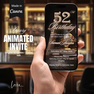 Animated 52nd Birthday Dinner Invitation DIY Template Design Men&#39;s Party Video Invite Premade Gold Party Celebration Event Digital Self edit