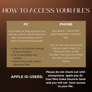 May include: A white and brown graphic with the text "HOW TO ACCESS YOUR FILES" in black. The graphic shows instructions on how to access digital files purchased on Etsy using a computer or phone. The graphic also includes a warning for Apple ID users not to check out with anonymous Apple Pay ID.