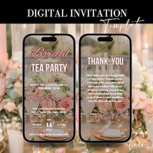 Può includere: Un invito digitale per un tea party di nozze. L'invito presenta un arrangiamento floreale rosa e bianco con una tazza da tè e una teiera dorate. Il testo dell'invito recita "Bridal Tea Party" e include il nome della sposa, Olivia Thomson, la data e l'ora dell'evento, e la posizione. L'invito include anche un messaggio di ringraziamento della sposa ai suoi ospiti.