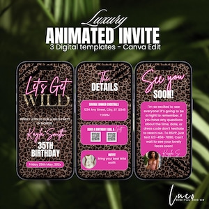 Peut inclure: Trois modèles d'écran de téléphone numérique pour une invitation à une fête d'anniversaire. Le premier écran dit "Let's Get Wild" avec un fond à imprimé léopard. Le deuxième écran dit "The Details" avec un fond à imprimé léopard et comprend l'heure, la date et le lieu de la fête. Le troisième écran dit "See You Soon!" avec un fond à imprimé léopard et comprend un message sur la fête.