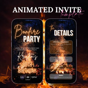 Puede incluir: Una invitación digital para una fiesta de fogata. La invitación presenta una foto de una fogata con chispas volando. El texto en la invitación dice "Bonfire Party" y "Kristen's 30th Birthday". La invitación también incluye detalles sobre la fiesta, como la fecha, la hora y la ubicación.