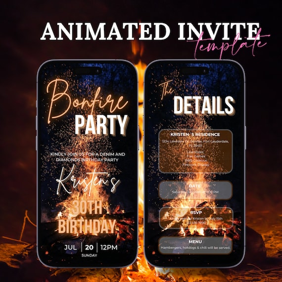 Birthday Bonfire invitation, bonfire party digital invite, bonfire & smores invite, Bonfire BBQ, backyard Firework party text message invite