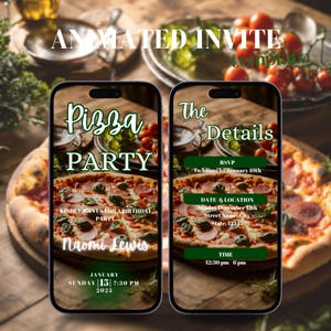 May include: A digital invitation for a pizza party. The invitation features a photo of a pizza with green and red toppings. The text on the invitation reads "Pizza Party" and "Naomi Lewis". The date and time of the party are listed as "January 15th, 7:30 PM".