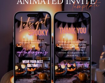 May include: Animated Halloween invitation template on a smartphone screen. The invitation says "Let's get Spooky" and "Wear your best costume". The thank you message is also displayed on the screen.