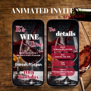 Invitation d&#39;anniversaire numérique avec dégustation de vins dans un domaine viticole, carte d&#39;itinéraire auto-modifiable pour une soirée sur le thème du vin