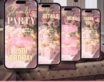 Digital Pajama Party Birthday Invitation, Animated PJs Fun Girls Night Invite, Pink   Bachelorette Party Evite, Editable Itinerary eCard