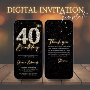 Digital 40th Birthday Party Video Invitation, 40th Glam Invite Ecard, Animated Black Gold Silver Diamond Evite, Editable Itinerary eCard