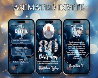 80th Digital Flyer Birthday Invitation, Surprise 80 Dinner Party Invite Blue Silver Ninety Video Evite For Men Self Edit DIY Itinerary eCard