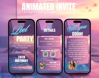 Digital Pool Party Invitation, Animated Birthday Swimming Party Invite, Girls BBQ Beach Party Evite For Women, Self Editable Template eCard