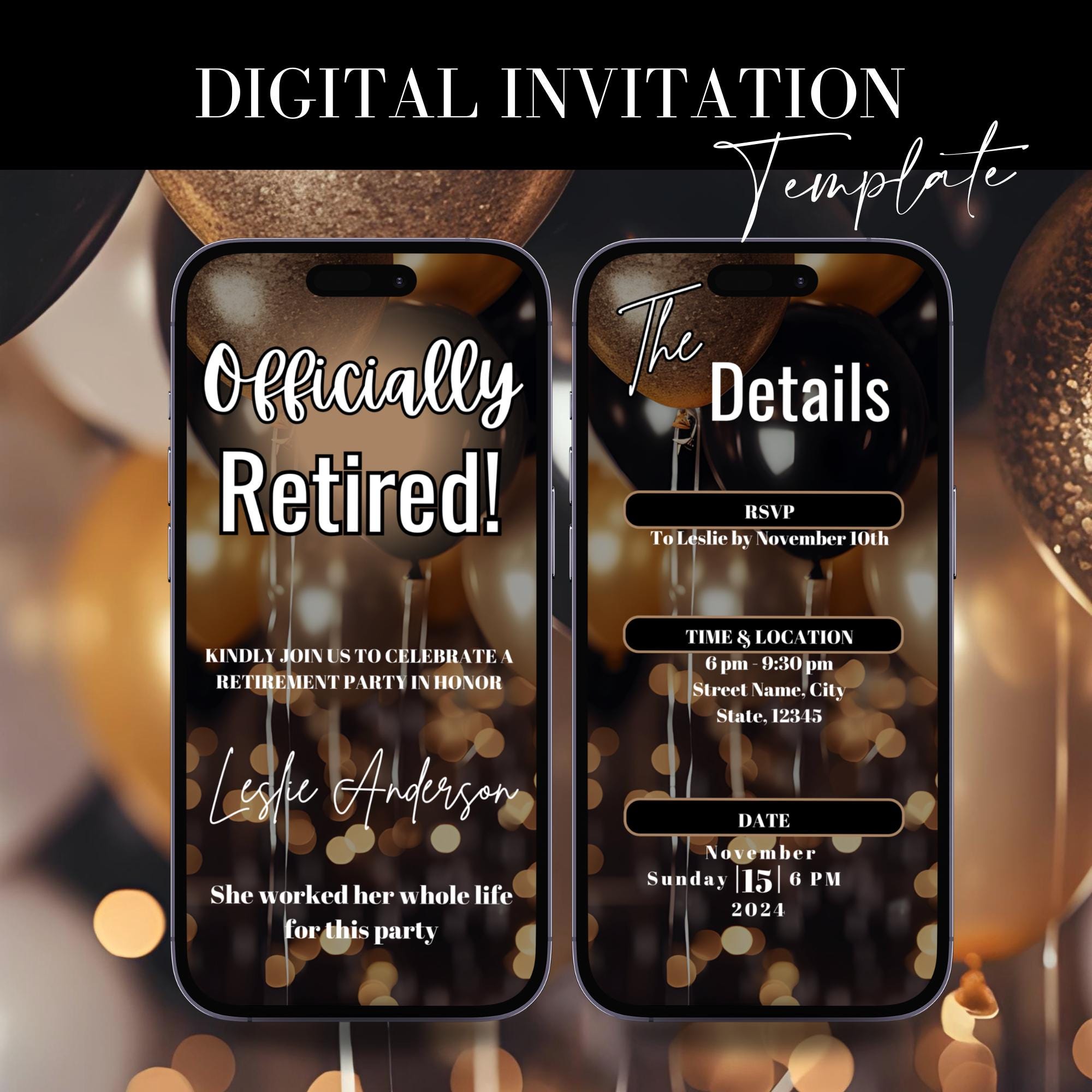 Digital Retirement Party Invitation, Black and Gold Invite, Electronic Retirement Celebration Evite, Digital Phone Invitation Canva Template