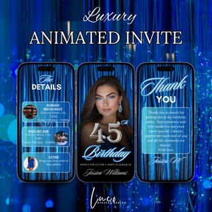 Digital 45th Birthday Dinner Invitation, Elegant Birthday Party Invite, Blue Silver Formal Affair Party, Animated Self Editable Template DIY