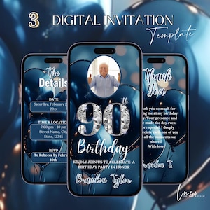 90e digitale flyer verjaardagsuitnodiging, verrassing 90 dinerfeest uitnodigen blauw zilver negentig video Evite voor mannen zelf bewerken DIY reisplan e-card