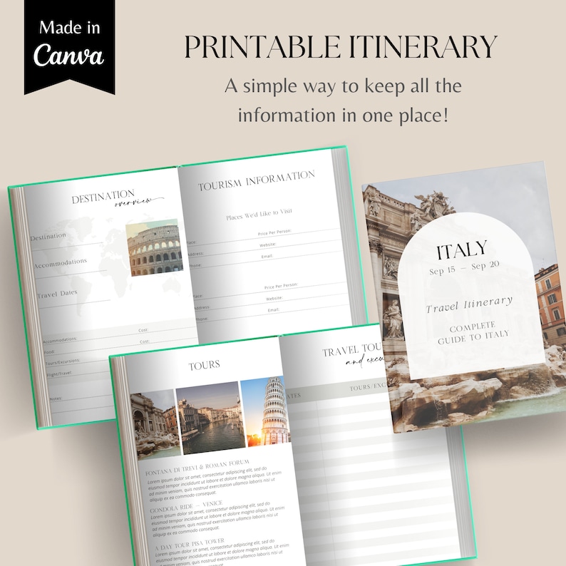 Pu&ograve; includere: Un itinerario di viaggio stampabile con copertina e pagine verde chiaro. L'itinerario comprende sezioni per la destinazione, l'alloggio, le date del viaggio e le informazioni turistiche. La copertina presenta la parola "ITALIA" e una foto di una fontana.