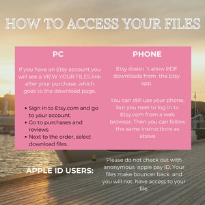 May include: Pink and white graphic with the text "HOW TO ACCESS YOUR FILES" in black.  The graphic shows instructions on how to access digital files purchased on Etsy.com using a computer or a phone.  The graphic also includes a warning for Apple ID users not to check out with anonymous apple pay ID.