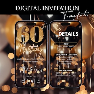 60th Birthday Digital Invitation, Electronic 60th Birthday Party Invite, Black Gold Balloons, Instant Download Text Evite, Editable Template
