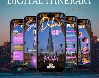 Puede incluir: Seis plantillas de itinerario digital para un viaje a Dubái. Las plantillas presentan un fondo negro con acentos rosados y dorados. El texto en las plantillas incluye "Dubai Trip", "Pack Crew", "Our Stay", "Save the Date", y "Michelle's 30th Birthday".