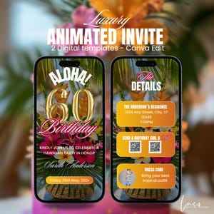 May include: Two smartphone screens displaying a digital invitation for a 60th birthday party. The invitation features tropical floral arrangements, gold text, and the words "Aloha!" and "The Details." The invitation includes event details and a dress code.