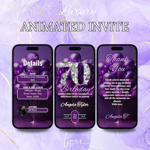 Digital 70th Birthday Party Video Invitation, 70th Invite For Her , Animated Purple Silver Diamond Evite, Self Editable Itinerary eCard