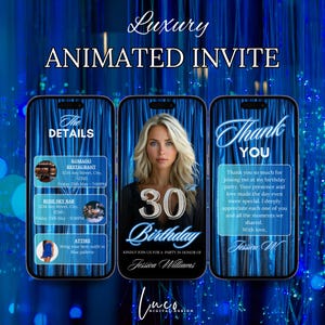 Digital 30th Birthday Dinner Invitation, Elegant Birthday Party Invite, Blue Silver Formal Affair Party, Animated Self Editable Template DIY