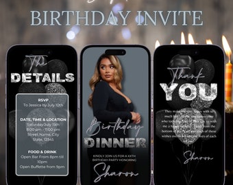 Digital Birthday Dinner Invitation, Animated Ladies Night Black & Silver Party Invite, Womens Dinner Evite, Editable Itinerary Template