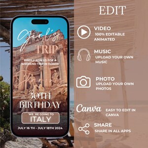 May include: A digital invitation for a 30th birthday trip to Italy. The invitation features a photo of the Trevi Fountain in Rome and the text "Girl's Trip" and "We're going to Italy".