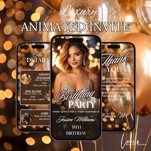 Digital Brown Gold Birthday Dinner invitation, Birthday Party Invite, Editable Template, Balloons Birthday Girl, Luxury Flyer Text Evite DIY