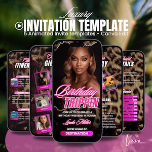 Digital Birthday Trippin Invitation, Trip Animated Vacation Itinerary, Schedule Pink Leopard Weekend Schedule Evite, Travel Planner Template