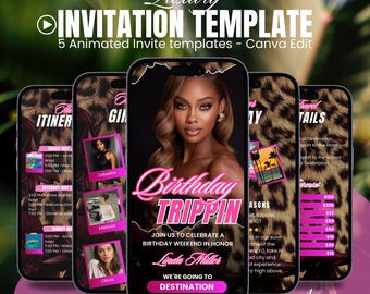 Digitale Trippin verjaardagsuitnodiging, reis geanimeerd vakantie route, schema Pink Leopard weekend schema Evite, reisplanner sjabloon