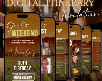 Festa de aniversário da vinícola digital, itinerário de convite de fim de semana de despedida de solteira de Napa, modelo de convite de vinho, vinho antes dos votos, download instantâneo