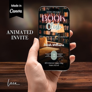 May include: A smartphone screen displaying a book club invitation. The invitation features a bookshelf background, a couch, and the text "KINDLY JOIN FOR A BOOK CLUB AS WE DISCUSS THIS MONTH'S READ HOSTED BY Sarah Williams FRI 16 APR 7PM 123-4 Street Name, City State, 123-45".