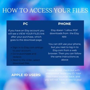 May include: Blue and white graphic with the text "How to Access Your Files" in large white letters. The graphic explains how to access digital files purchased on Etsy using a computer, phone, or Apple ID.