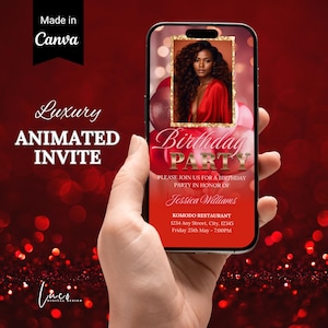 Modello di invito per festa di compleanno con palloncino rosso digitale Messaggio di testo glitterato modificabile Invito per cena di compleanno Download immediato