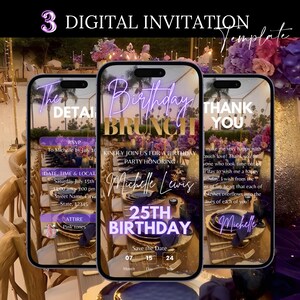Convite digital para festa de aniversário, mensagem digital de telefone floral violeta para ela, convite animado para qualquer idade, cartão eletrônico autoeditável