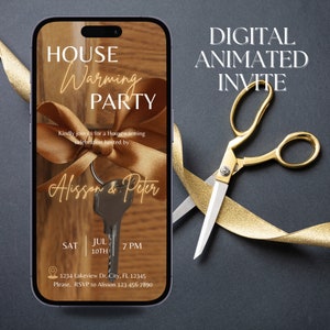 Convite para festa de inauguração de casa digital, convite animado para inauguração de casa para mulheres, apartamento novo dourado, modelo de cartão eletrônico autoeditável
