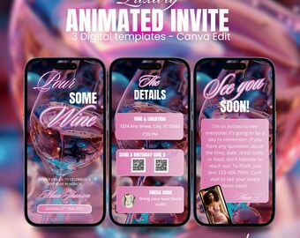 May include: A digital invitation for a birthday party with a pink and purple color scheme. The invitation features a glass of wine, the text "Pour Some Wine", and the text "See you soon!" The invitation also includes the date, time, and location of the party, as well as a dress code.