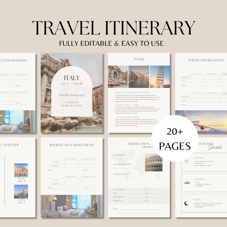 Pu&ograve; includere: Un modello di itinerario di viaggio con il testo "TRAVEL ITINERARY" e "FULLY EDITABLE & EASY TO USE". Il modello include pagine per l'Italia, informazioni sui voli, alloggi prenotati e un programma del quinto giorno. Il modello ha una tavolozza di colori neutri.