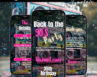 Digital 90s Party Invitation, Back to the 90s, Throwback Party, House Party, Birthday Invitation, 90s Theme Party Invite, Self Edit Template