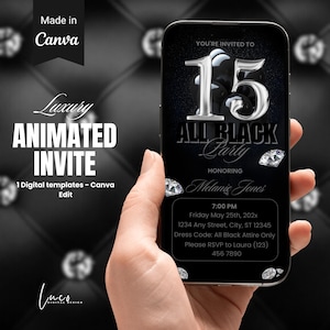 Digital 15th All Black Party Invitation, Birthday Dinner Invite, All Black Birthday Affair Itinerary, Black Party Template, DIY Canva Evite