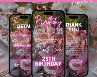 Digitale Geburtstags-Brunch-Einladungsvorlage, Sekt und Brunch-Einladung animiert, Mimosa-Brunch-Party-Rosa-Geburtstags-Feier laden Telefon ein