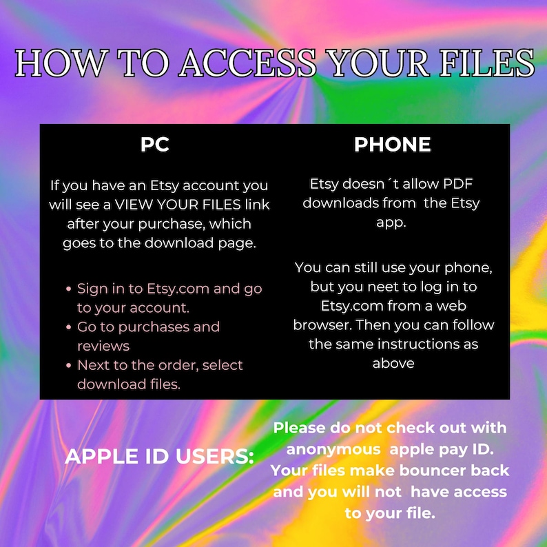 May include: A graphic with instructions on how to access digital files purchased on Etsy. The graphic is divided into two sections, one for PC users and one for phone users. The graphic also includes a warning for Apple ID users to avoid checking out with anonymous Apple Pay.